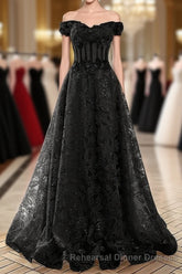 A-Line Off Shoulder Black Tulle With Lace Party Dress, Black Long Semi Formal Prom Dress